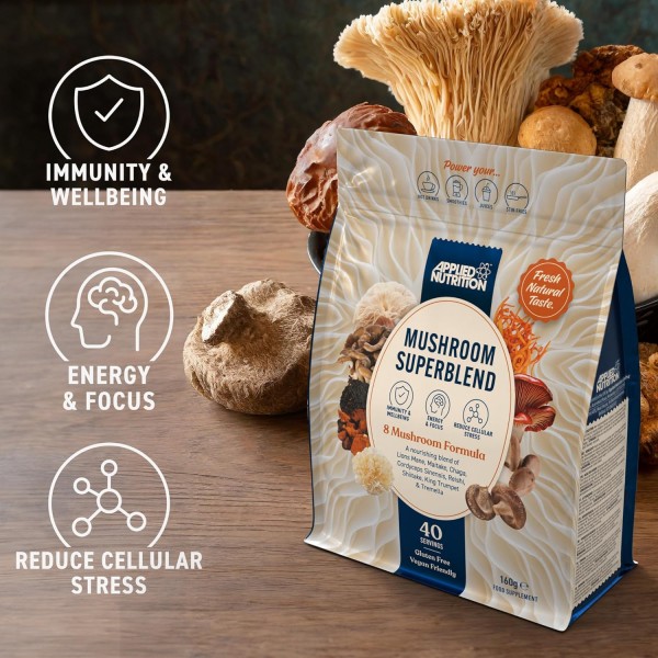 Applied Mushroom Superblend - Lions Mane, Reishi, Chaga, Shiitake, Maitake, Tremella, Cordyceps Sinensis, King Trumpet- 40 Servings