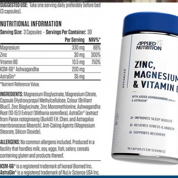 Applied Nutrition Zinc, Magnesium & Vitamin B6 Capsules With Ashwagandha - 90 Caps