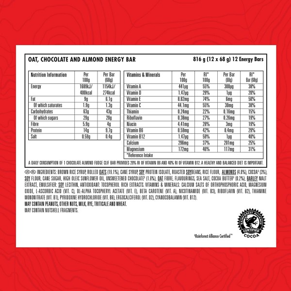 Clif Chocolate Almond Fudge Energy & Protein Bars – 68g (12 Bars)
