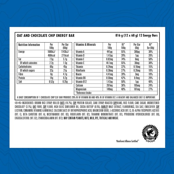 Clif Chocolate Chip Energy & Protein Bars – 68g (12 Bars) *BB 06/August/2026