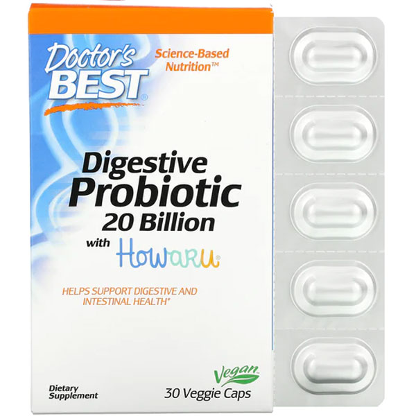 Doctor's Best Digestive Probiotic with Howaru, 20 Billion CFU, 30 Veggie Caps